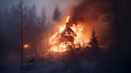 the house is on fire, smoke is pouring from the roof in the winter forest. ai generativeの素材