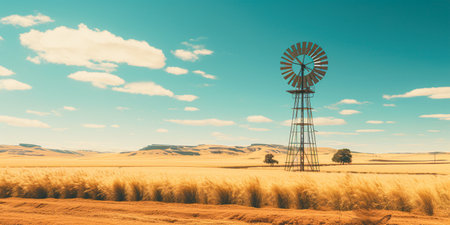 a village windmill standing among a wheat field. ai generativeの素材