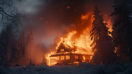 the house is on fire, smoke is pouring from the roof in the winter forest. ai generativeの素材