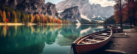 Boats on a lake in the mountains. ai generativeの素材