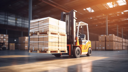 forklift in warehouse with boxes. Sending goods to clients. Shipment of supplies Warehouse delivery. Logistics transport trucks. ai generativeの素材