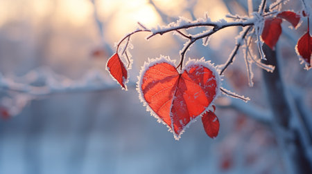 yellow autumn leaves in the shape of a heart on a frozen branch on a winter background. Valentine's Day. ai generativeの素材
