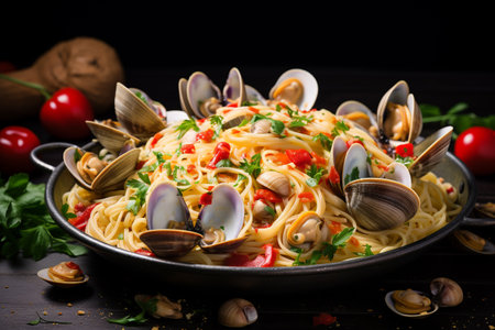 Italian seafood pasta with clams Spaghetti alle Vongole in the pan. ai generativeの素材