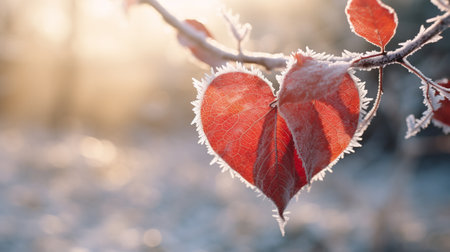 yellow autumn leaves in the shape of a heart on a frozen branch on a winter background. Valentine's Day. ai generativeの素材