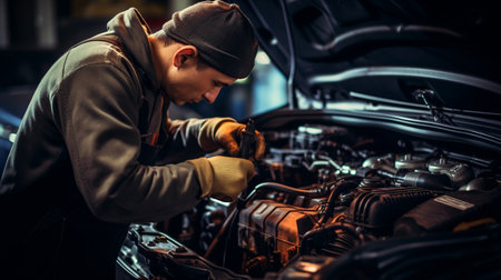 a male mechanic in a car service is changing or repairing a car engine part. ai generativeの素材