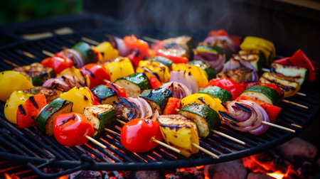 Grilled vegetable skewers on a hot barbecue. ai generativeの素材