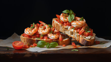 shrimp resting on a toasted bruschetta slice. ai generativeの素材