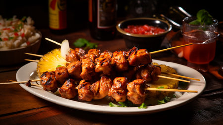 pale ale with a bbq pineapple teriyaki chicken skewer. ai generativeの素材