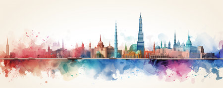 City skyline of a modern Arab city done with watercolor paint. ai generativeの素材