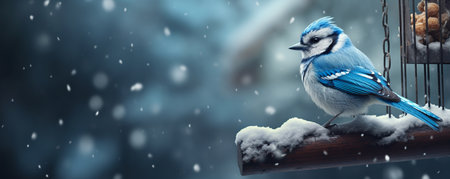 Cyanistes caeruleus sitting on a bird feeder in winter weather. ai generativeの素材