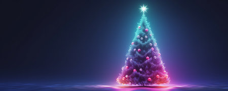 Christmas tree glows with neon lights. copy space. ai generativeの素材