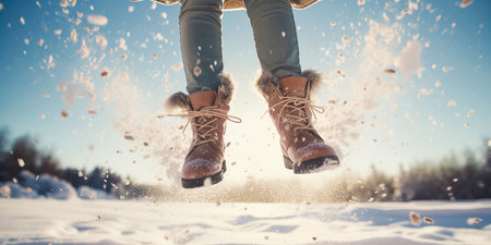 female legs in winter boots during a jump. ai generativeの素材