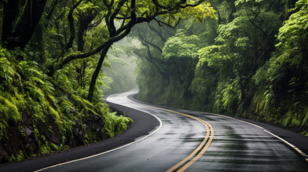 wet road after rain in the forest jungle. ai generativeの素材