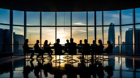 Silhouettes of business people in a conference room against the window. ai generativeの素材