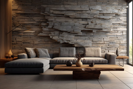 gray sofa, wooden coffee table and stone wall in a modern living room. ai generativeの素材