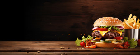 delicious burger and fries on a wooden table. copy space. ai generativeの素材
