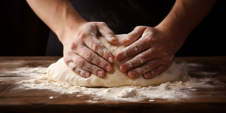 Male hands of a cook knead dough on a wooden table. ai generativeの素材