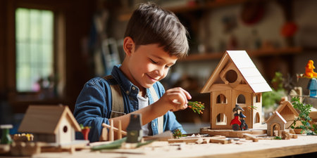 A little boy is building a wooden house for birds. ai generativeの素材