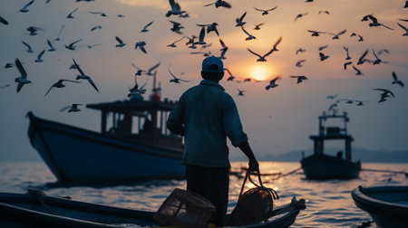 fisherman catches fish in a boat at sunset. ai generativeの素材