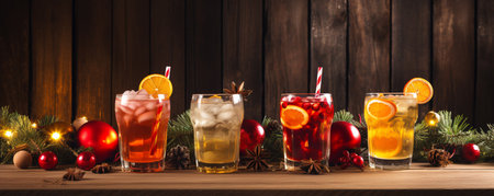 Festive drinks and Christmas decor on a wooden background. ai generativeの素材