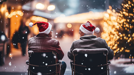 two elderly male friends are sitting in Santa Claus hats on the street looking at the Christmas tree. ai generativeの素材