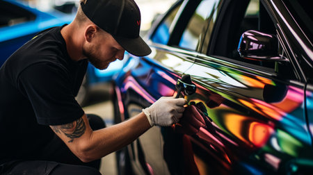 Specialist in car wrapping with vinyl film or film on the background of a car service center. ai generativeの素材