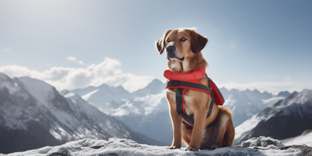 rescue dog in a red vest against a background of snow-capped mountains. ai generativeの素材
