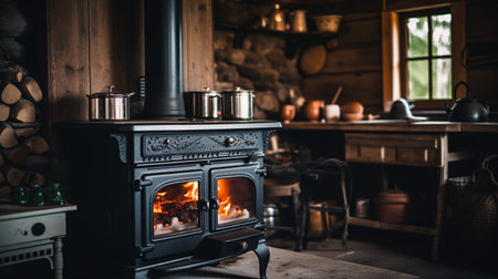 old wood stove in the kitchen of a country house for heating cooking. ai generativeの素材
