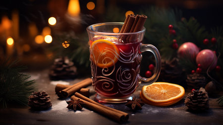 hot alcoholic drink mulled wine decorated with Christmas decorations. ai generativeの素材