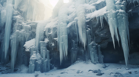 huge icicles hanging from frozen and snow-covered rocks. ai generativeの素材