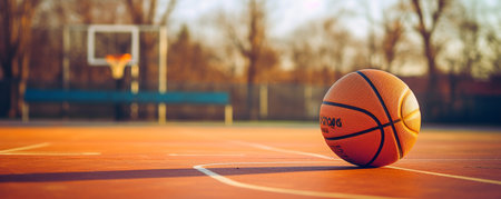 basketball ball lying on an empty basketball court outdoors. ai generativeの素材