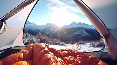 POV from a camping tent: scenic view of the mountains in the winter. ai generativeの素材