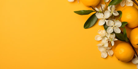 tangerines and branch with flowers on a yellow background, top view, copy space. ai generativeの素材
