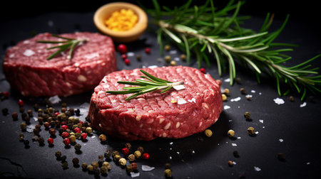 Raw beef hamburger patties with herbs and spices on a dark plate. ai generativeの素材