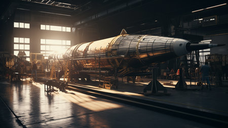 Rocket engineers building a rocket at an aerospace factory. ai generativeの素材