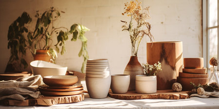 ceramic dishes and kitchen utensils on a wooden table. ai generativeの素材