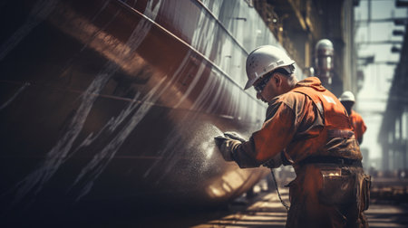 Worker repairing container ship in shipyard. ai generativeの素材