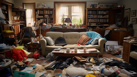 Messy living room filled with clutter. ai generativeの素材