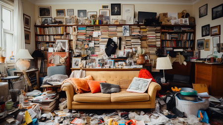 Messy living room filled with clutter. ai generativeの素材