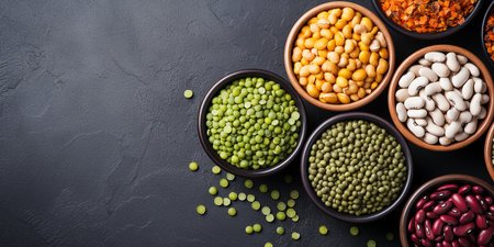 Assortment of legumes, lentils, chickpeas and beans in different bowls. ai generativeの素材