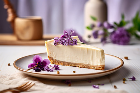 Classic vanilla New York cheesecake with flower. ai generativeの素材