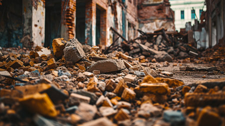 debris of concrete and brick on a construction site after the demolition of a brick buildingの素材