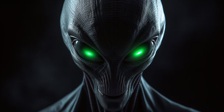 portrait of a gray alien with glowing green eyes on a dark backgroundの素材