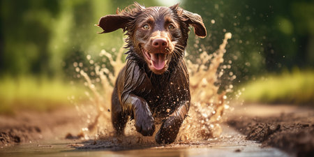 happy labrador dog running through the mud in the parkの素材