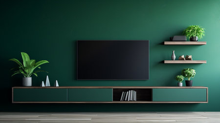 living room with tv stand on dark green wall backgroundの素材