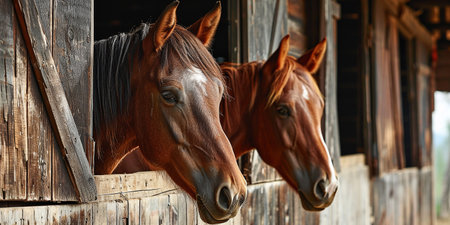 gorgeous horses peeking out of their stallの素材