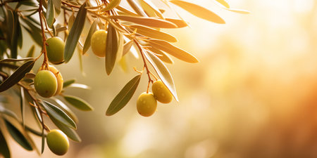 olive tree branches on blurred garden backgroundの素材