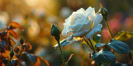 beautiful white rose bud on blurred garden backgroundの素材