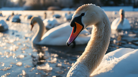 swans on a winter lakeの素材