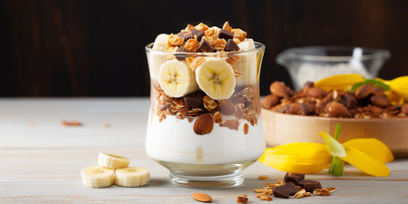 muesli with yogurt, banana, nuts, chocolate and honey in a glassの素材